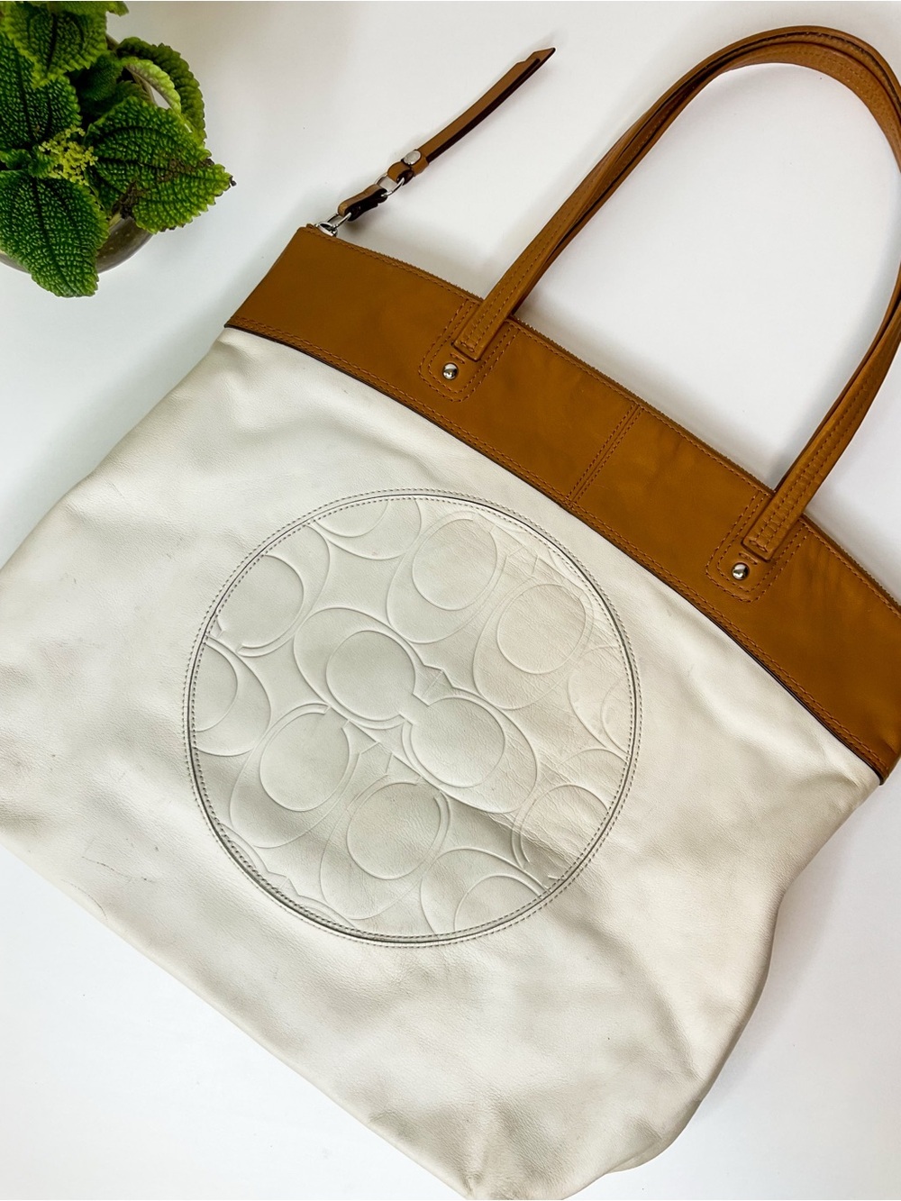 VINTAGE COACH Leather-Trim Cream Tote Bag with Tan Accents